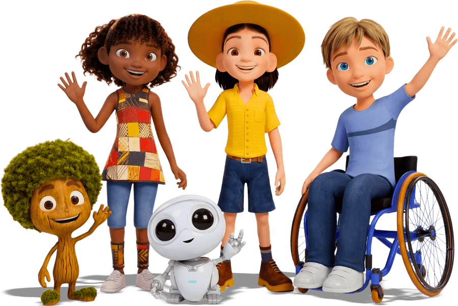 The Hope Seed characters - Prof. Oakley, Luna, Gizmo, Alex, and Max