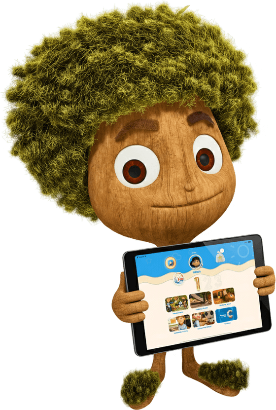 Prof. Oakley, the Hope Seed guide, holding a tablet with a lesson