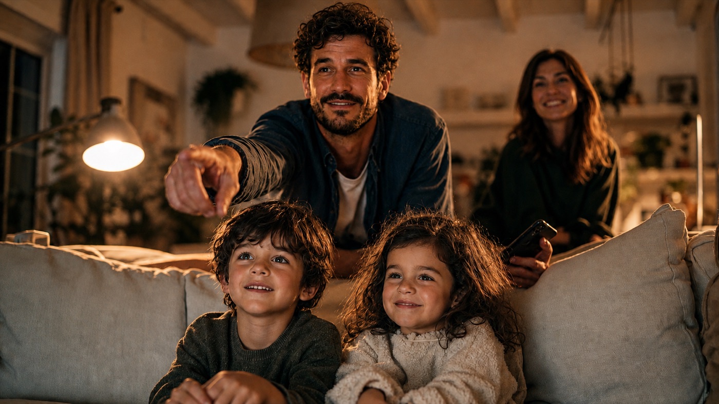 A family on the couch - dad pointing at the screen, mom with the Hope Seed app in hand